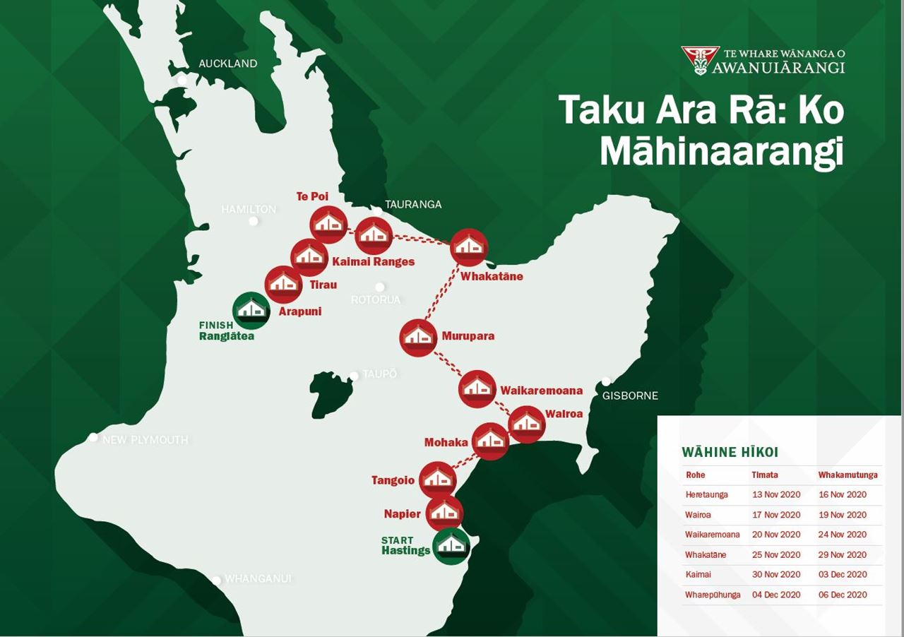 Map overview of the hikoi the team are embarking on, following in the footsteps of their tupuna, Māhinaarangi