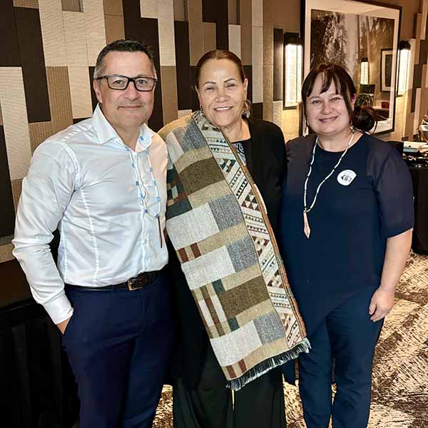 Photo of Professor Wiremu Doherty and Tania Doherty with Teri Gobin, chairperson of Tulalip Tribal Council (centre)